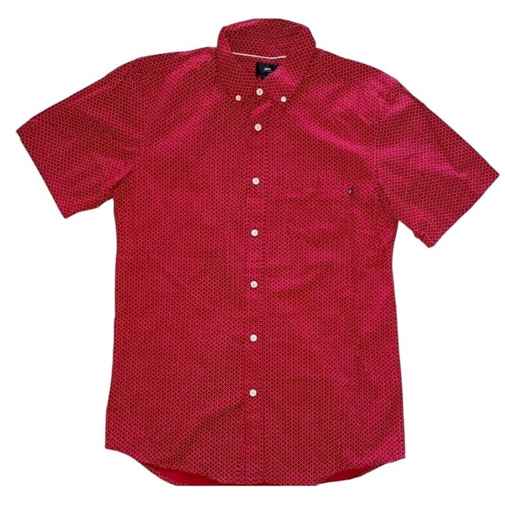 Men's Obey Worldwide Button Up Shirt Short‎ Sleeve Red Patterned Everyday Sz S